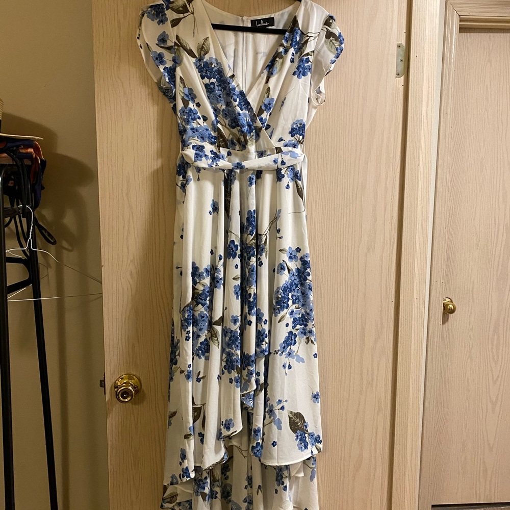 white dress with blue flowers